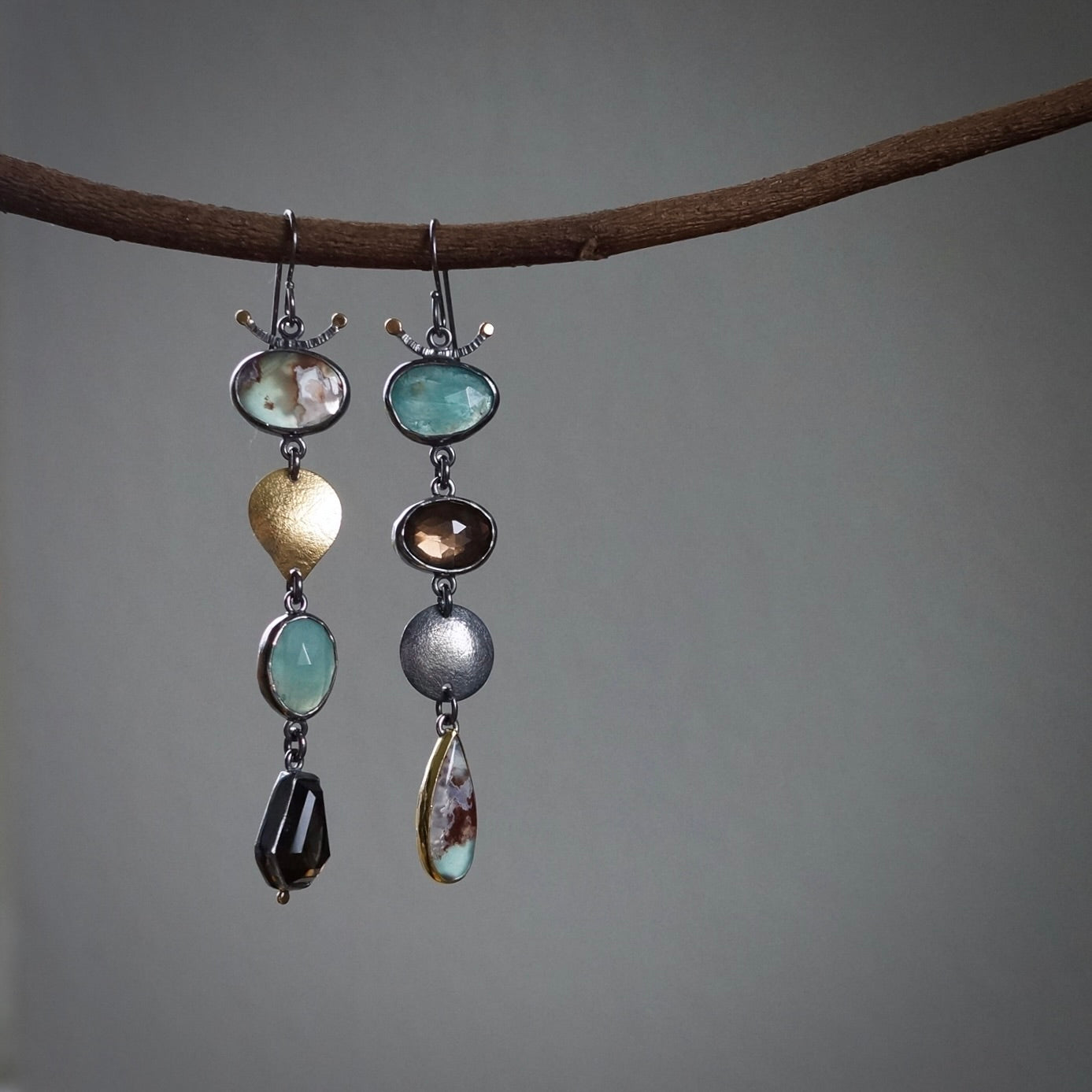 Aquaprase, smokey quartz and grandidierite earrings
