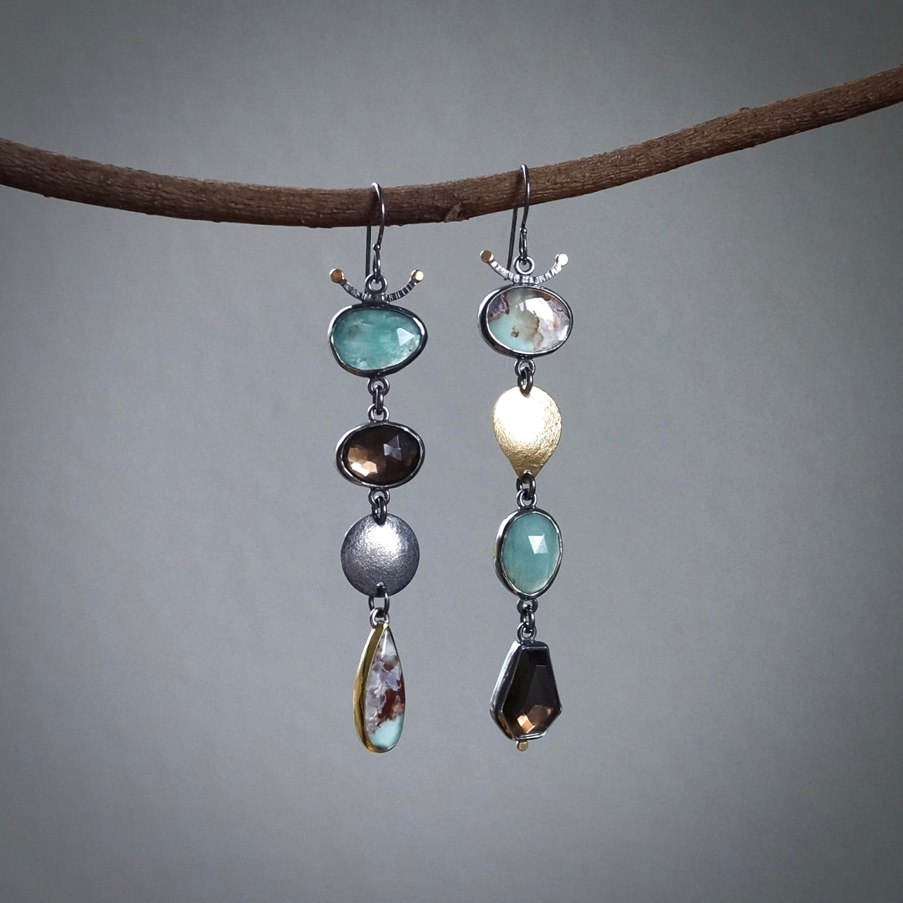 Aquaprase, smokey quartz and grandidierite earrings