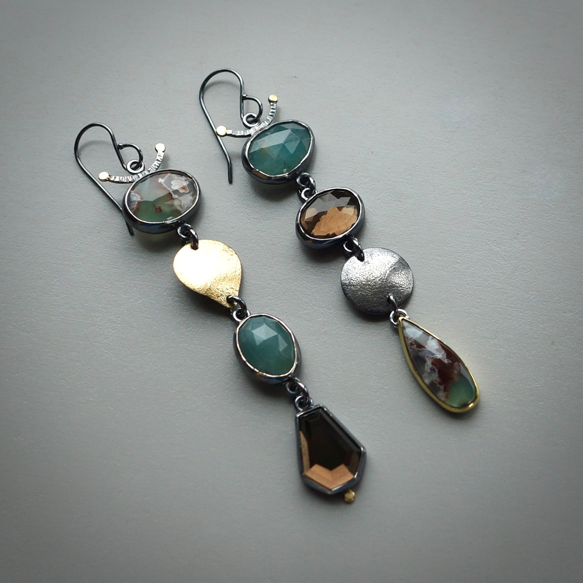 Aquaprase, smokey quartz and grandidierite earrings