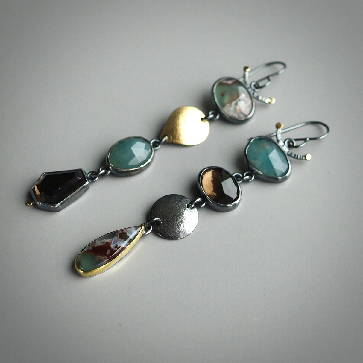 Aquaprase, smokey quartz and grandidierite earrings