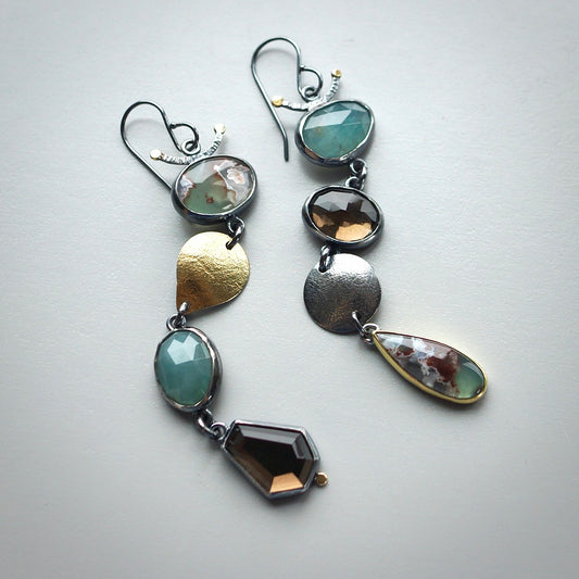 Aquaprase, smokey quartz and grandidierite earrings