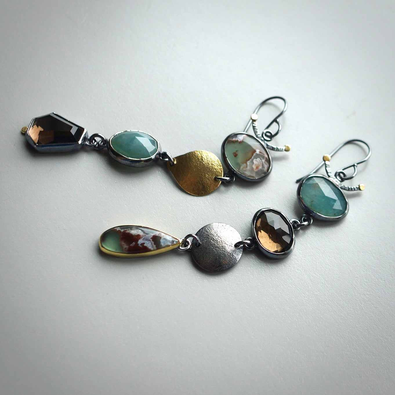 Aquaprase, smokey quartz and grandidierite earrings