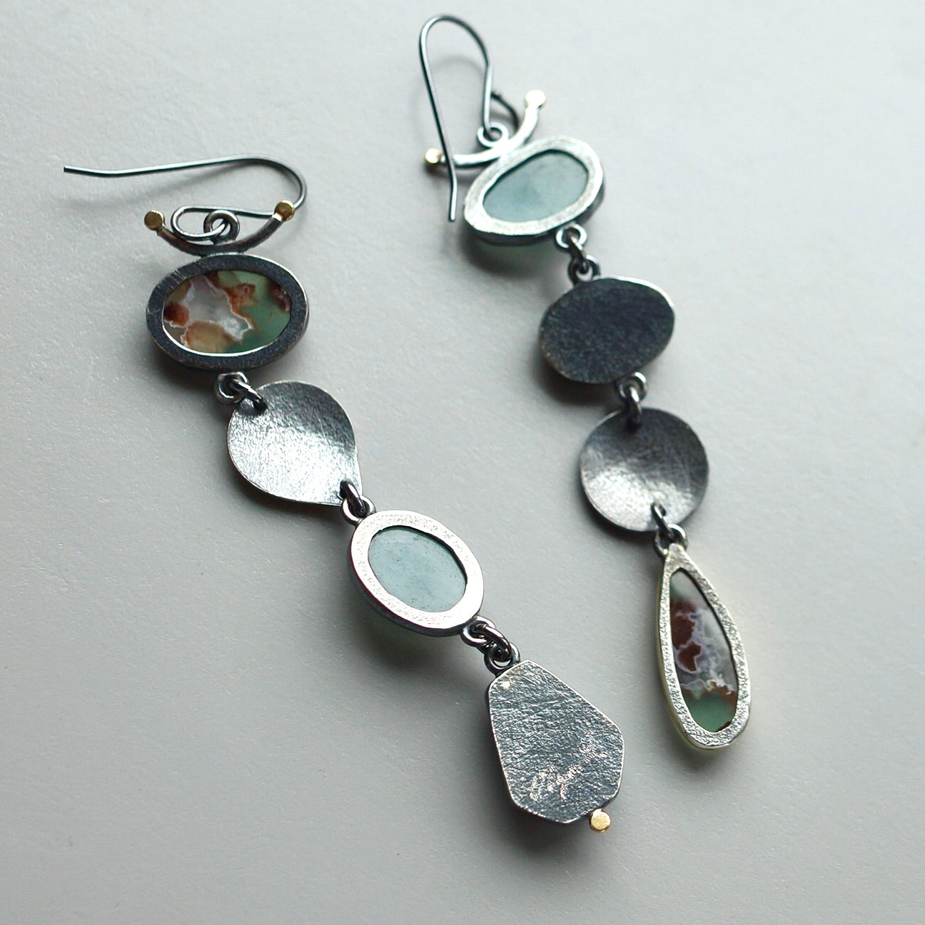 Aquaprase, smokey quartz and grandidierite earrings