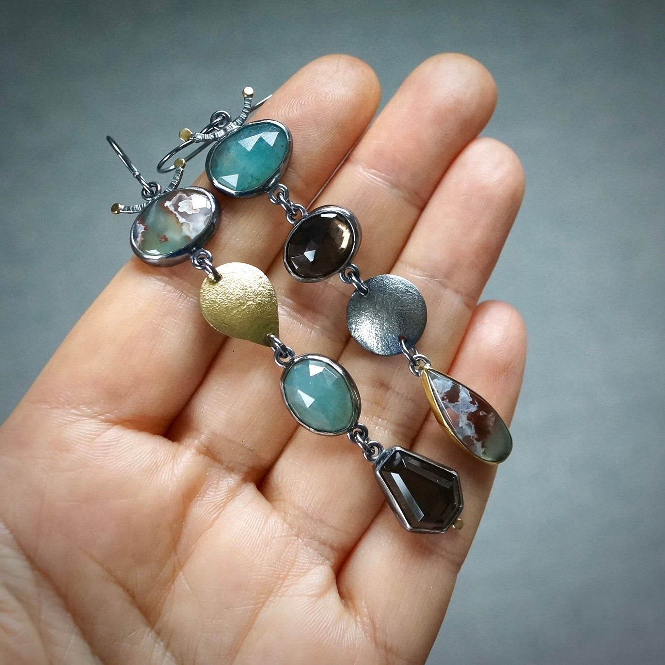 Aquaprase, smokey quartz and grandidierite earrings