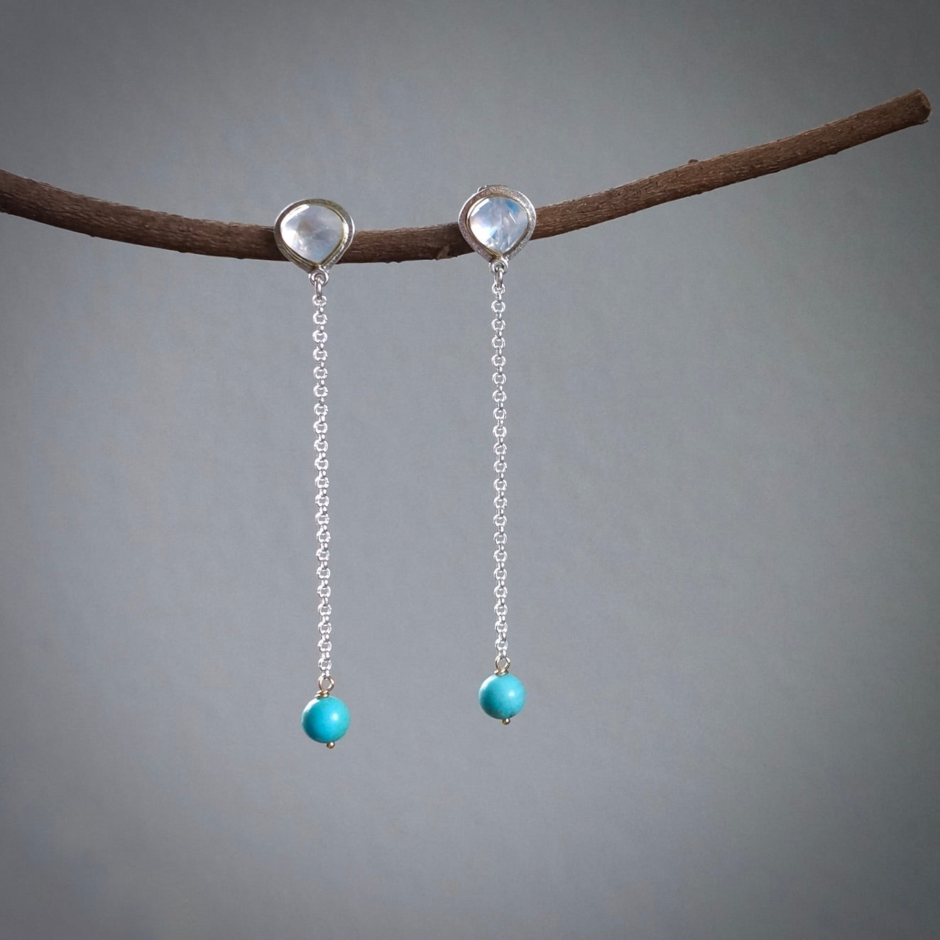 Rainbow moonstone and Campitos turquoise earrings