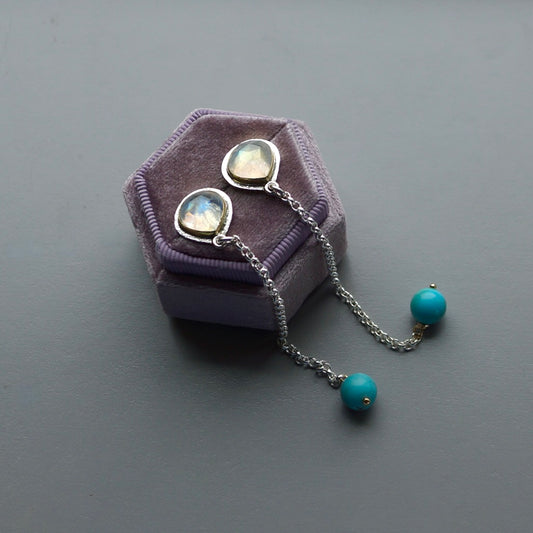 Rainbow moonstone and Campitos turquoise earrings