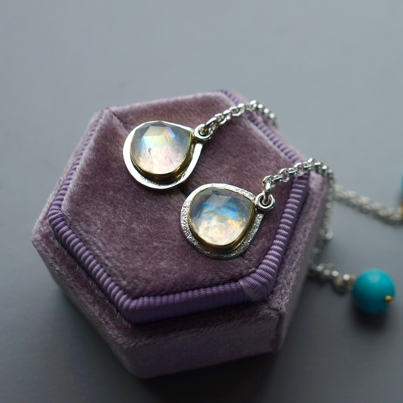 Rainbow moonstone and Campitos turquoise earrings