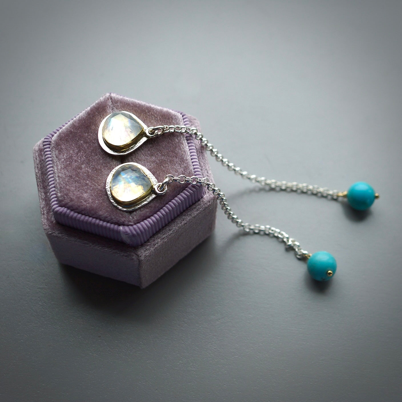 Rainbow moonstone and Campitos turquoise earrings