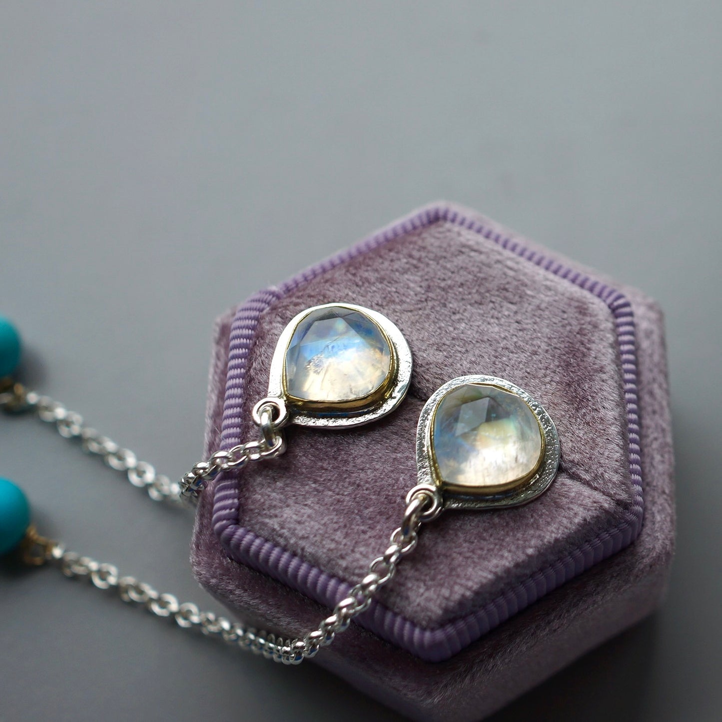 Rainbow moonstone and Campitos turquoise earrings