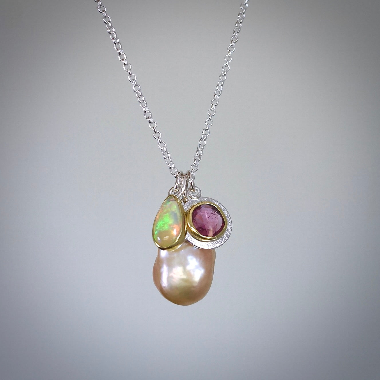 Baroque pearl, pink tourmaline and Ethiopian Opal charm necklace