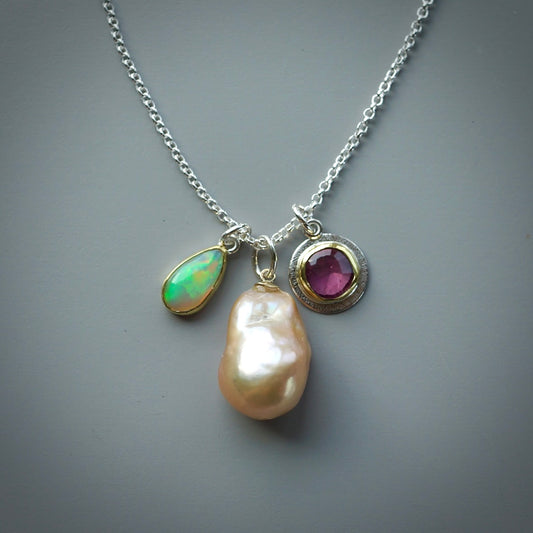 Baroque pearl, pink tourmaline and Ethiopian Opal charm necklace
