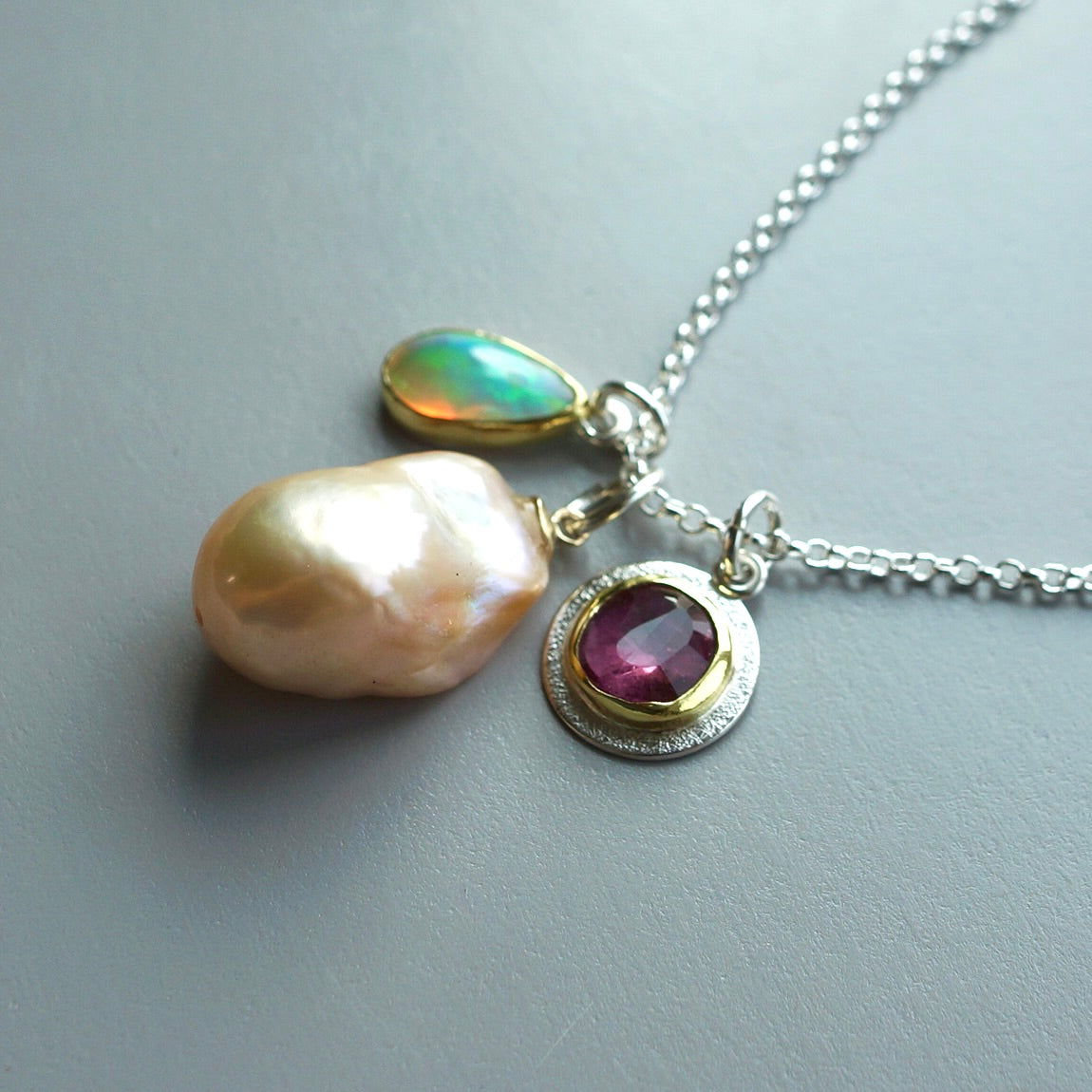 Baroque pearl, pink tourmaline and Ethiopian Opal charm necklace
