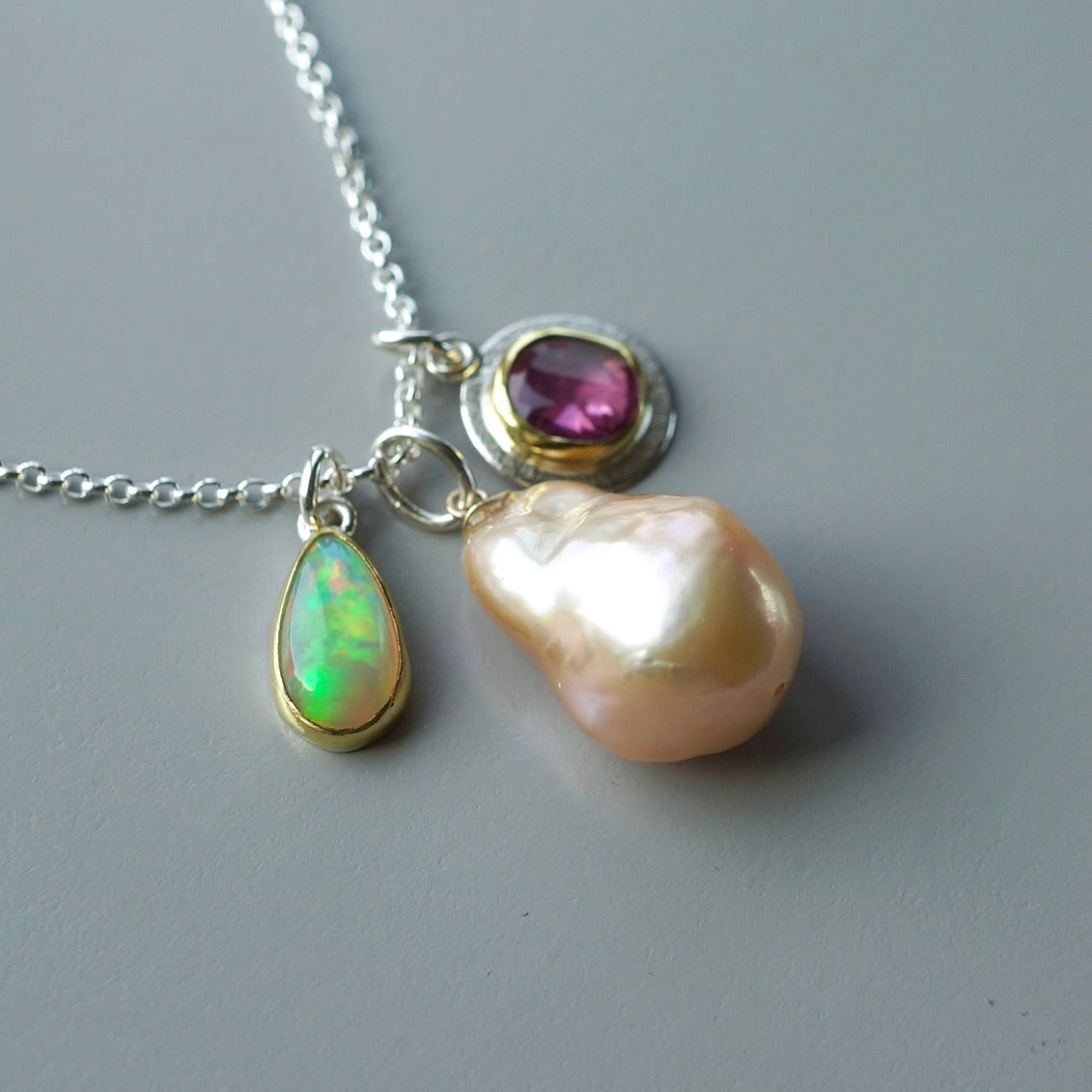 Baroque pearl, pink tourmaline and Ethiopian Opal charm necklace