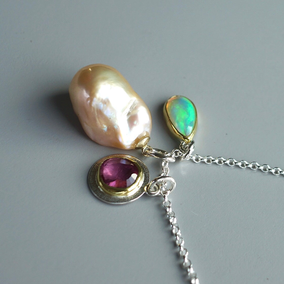 Baroque pearl, pink tourmaline and Ethiopian Opal charm necklace