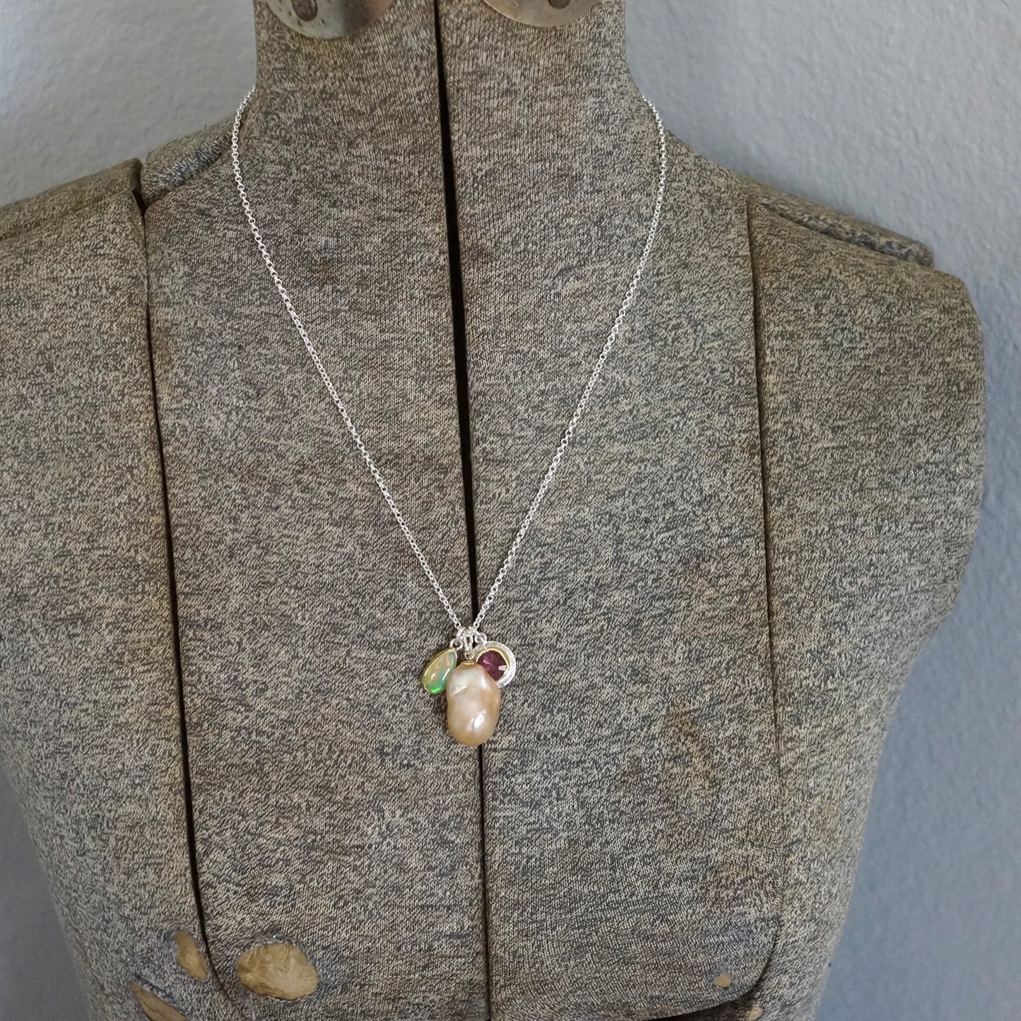 Baroque pearl, pink tourmaline and Ethiopian Opal charm necklace