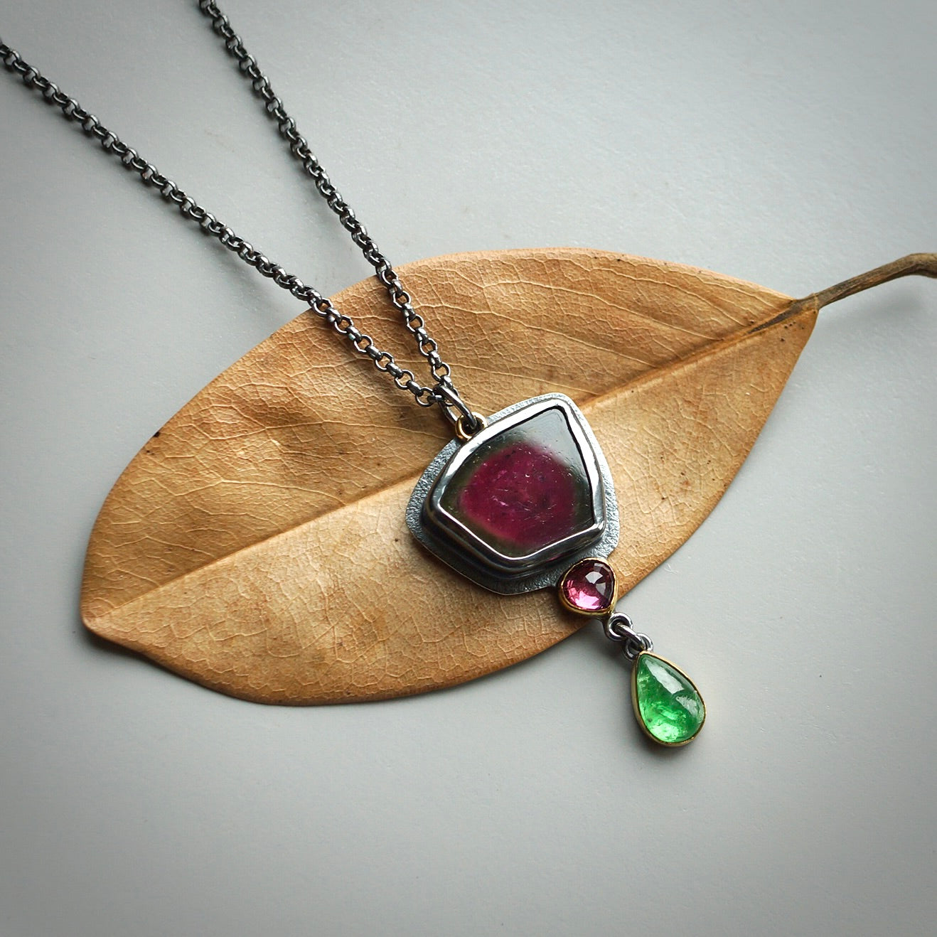 Watermelon tourmaline slice pendant