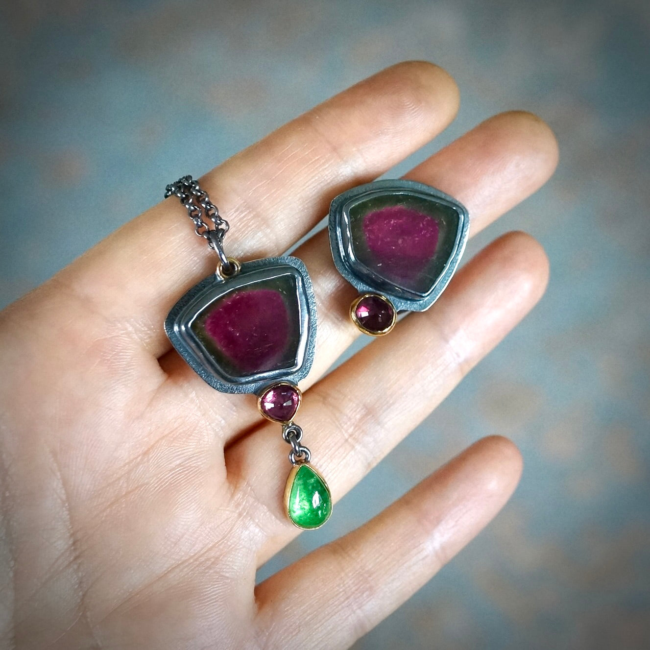 Watermelon tourmaline slice pendant