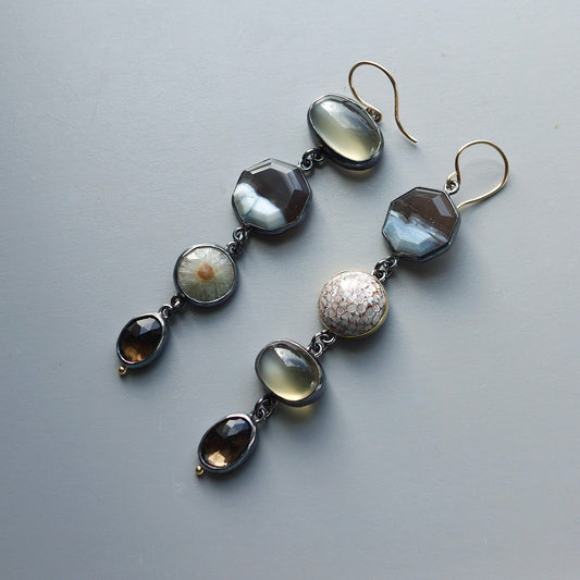 Blue opal, smokey quartz, green moonstone and agate earrings