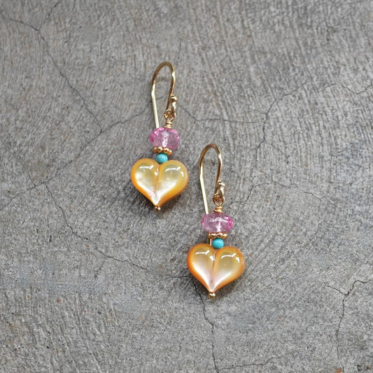 Mother of pearl heart earrings with pink topaz and turquoise
