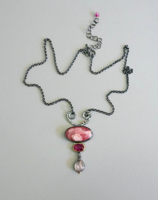 Gemmy rhodochrosite, pink tourmaline and morganite necklace