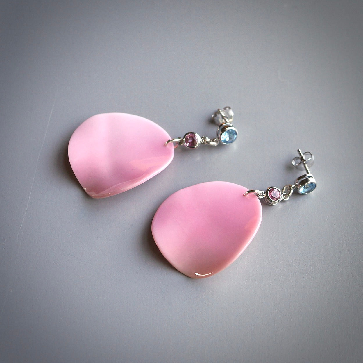 Topaz, pink tourmaline and conch shell earrings