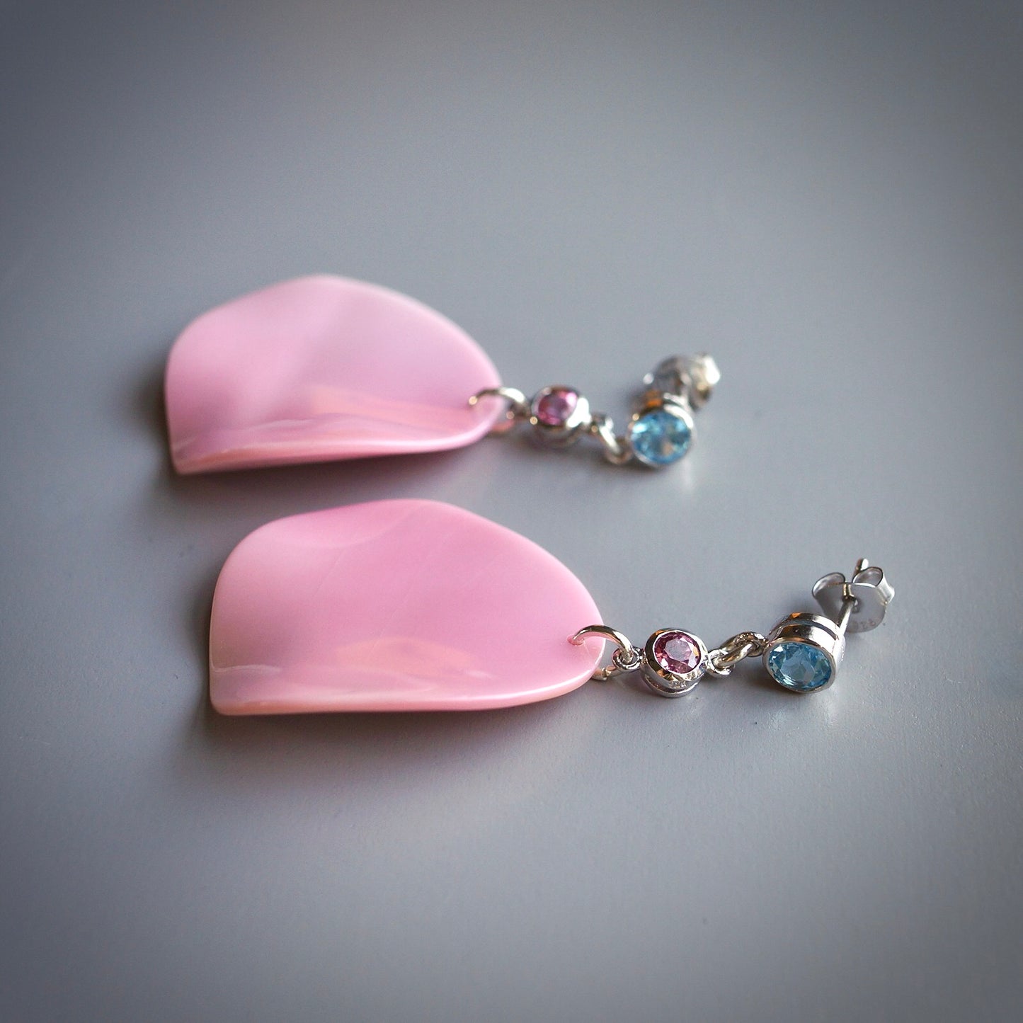 Topaz, pink tourmaline and conch shell earrings