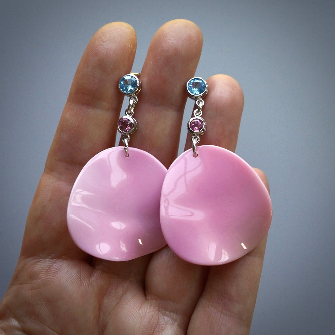 Topaz, pink tourmaline and conch shell earrings