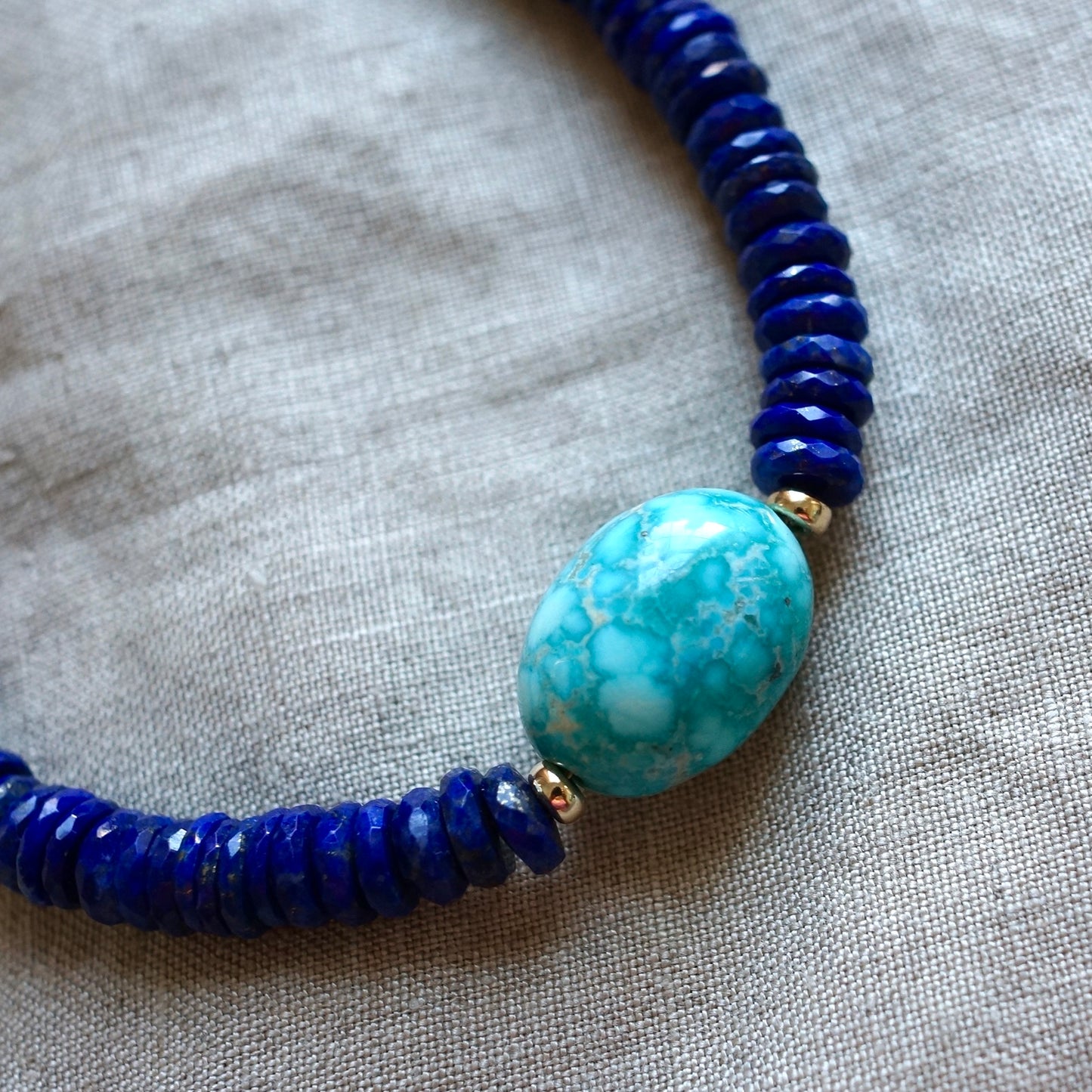 Lapis necklace with White Water turquoise and solid 14K gold hook clasp