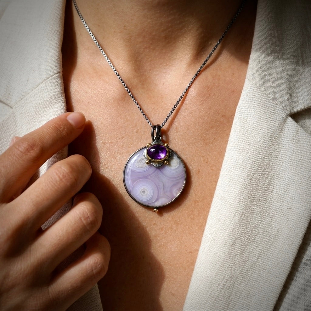 Luna agate and amethyst charm necklace