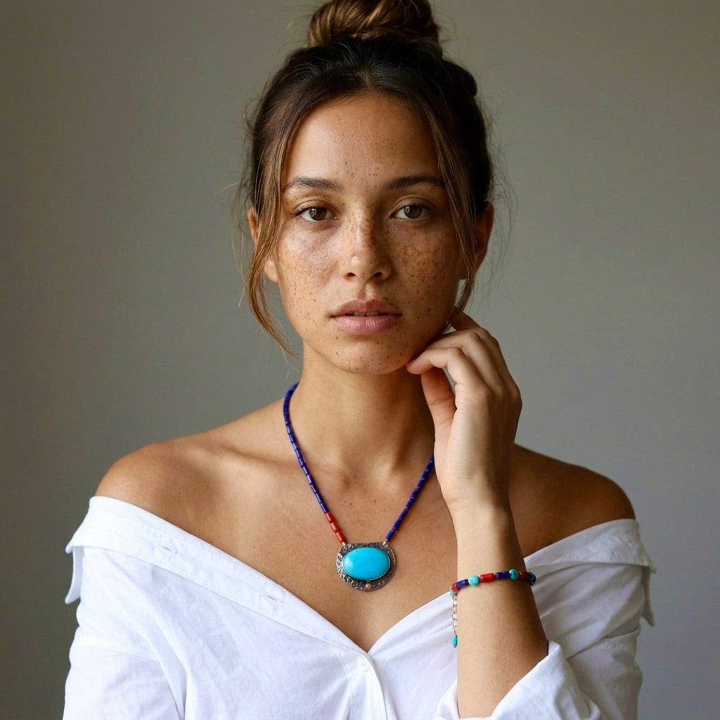 Lapis, turquoise and coral silk-knotted bracelet