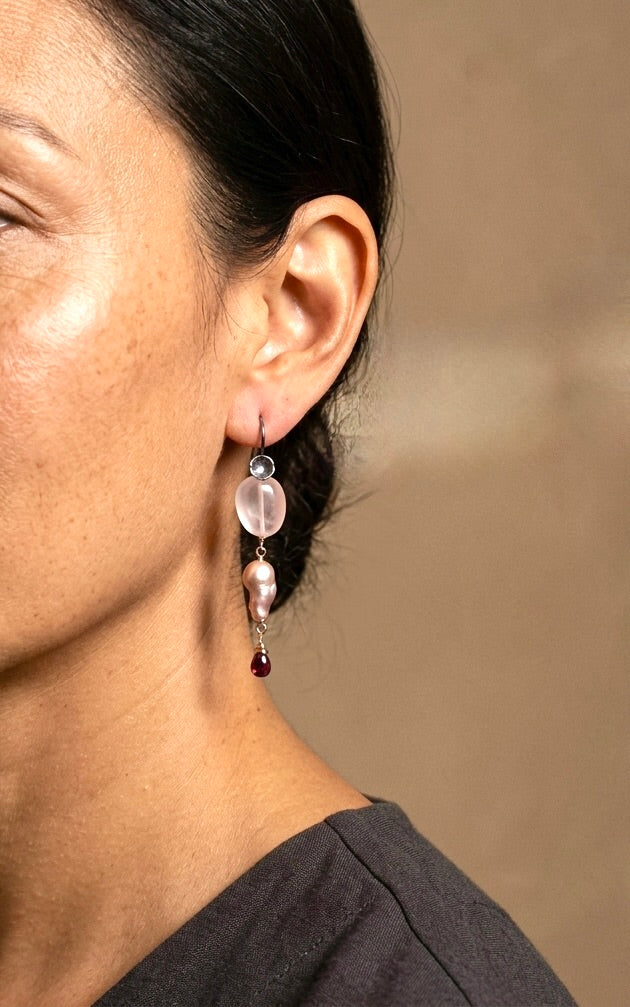 Rose quartz, baroque pearl and garnet earrings
