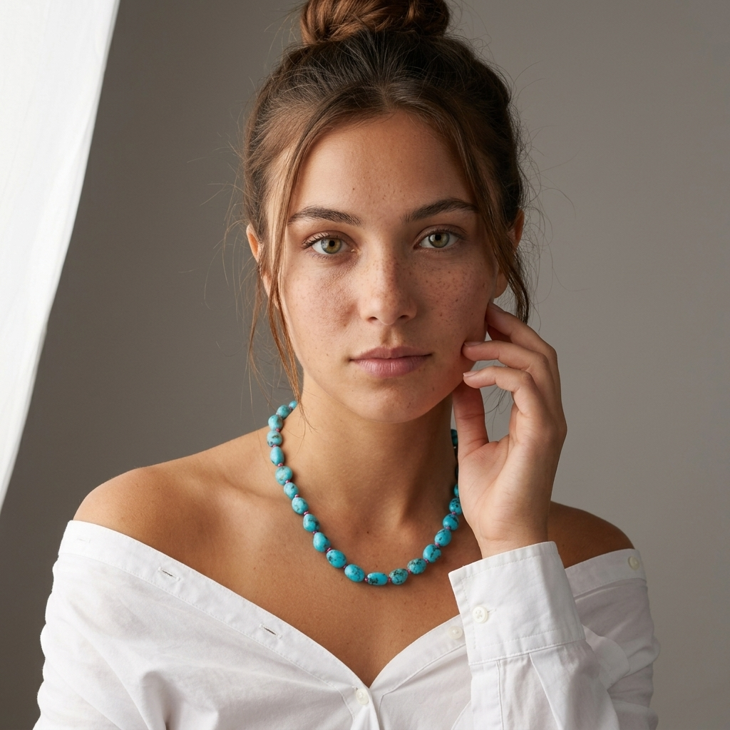 Nevada turquoise nugget necklace hand-knotted with coral silk