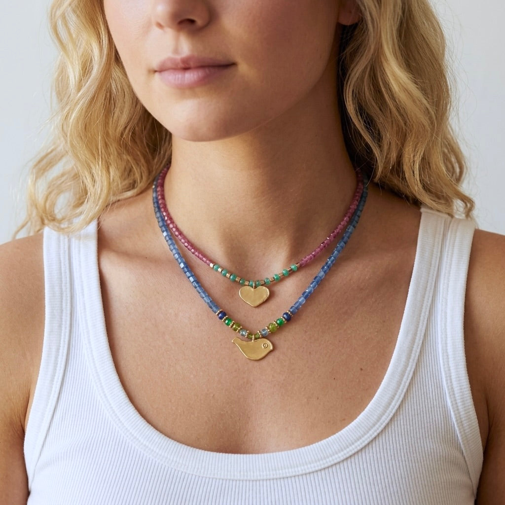 Pink tourmaline necklace with gold heart