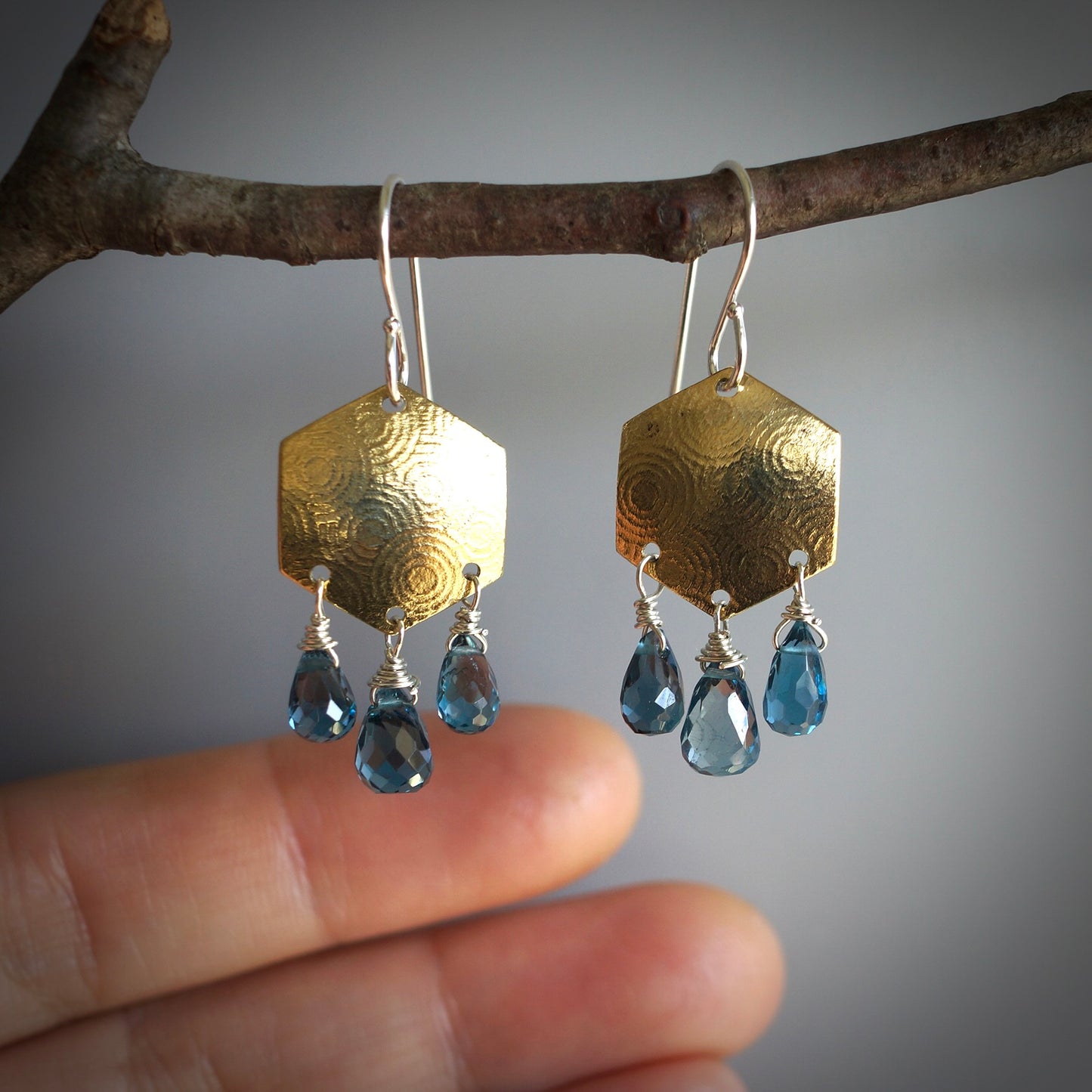 18K gold bi-metal and London blue topaz earrings