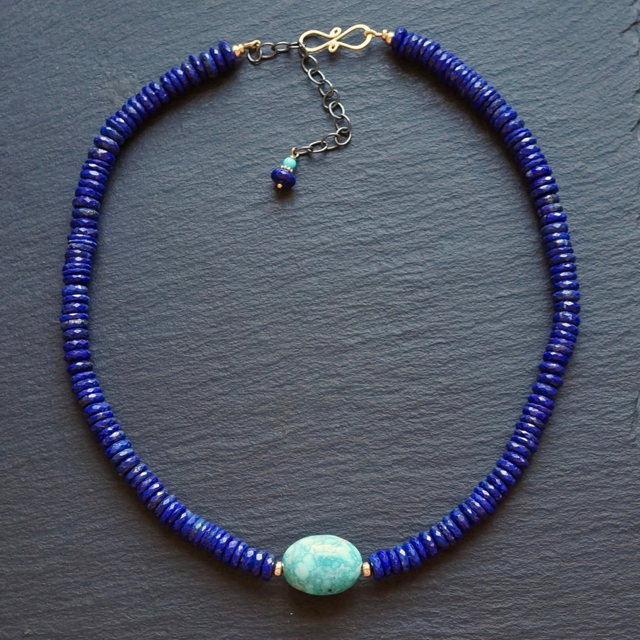 Lapis necklace with White Water turquoise and solid 14K gold hook clasp