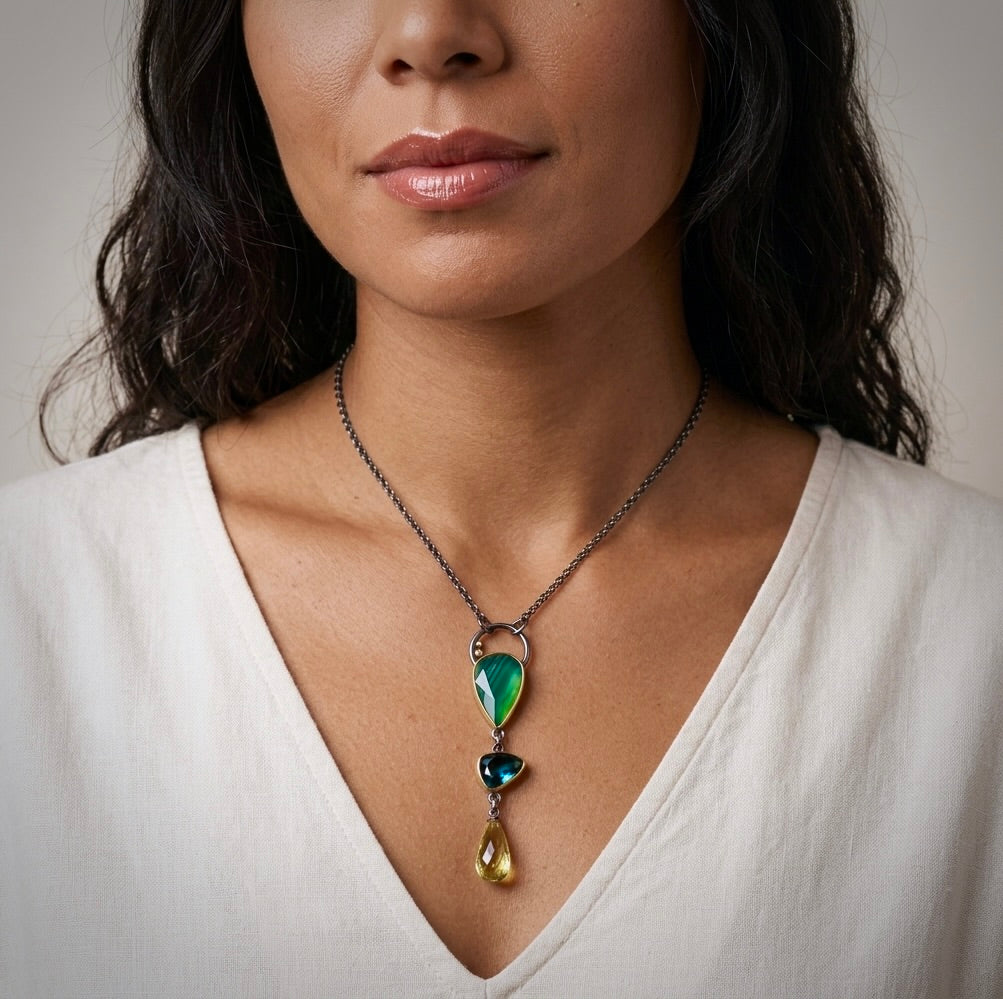 Natural green agate, London blue topaz and Lemon quartz necklace
