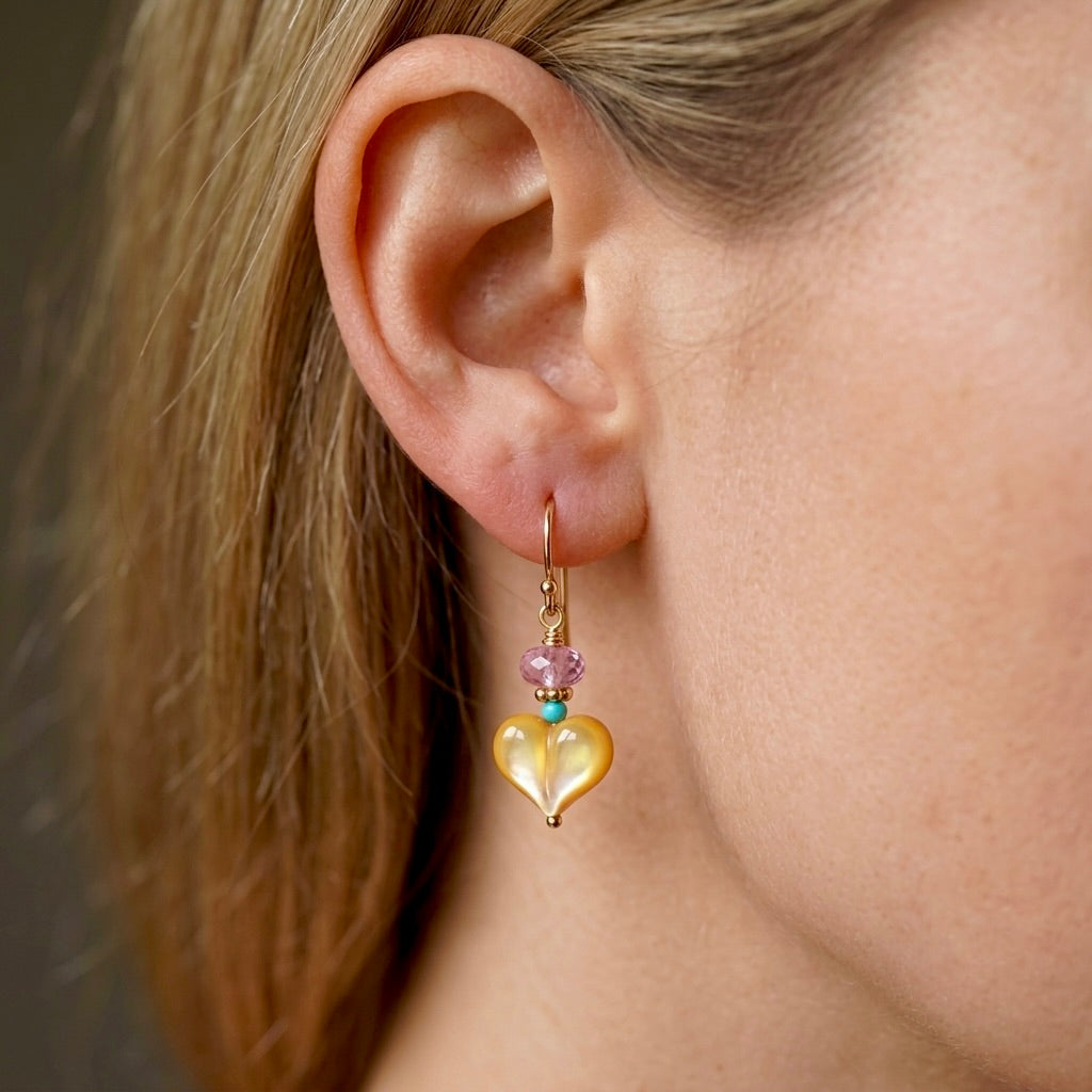 Mother of pearl heart earrings with pink topaz and turquoise