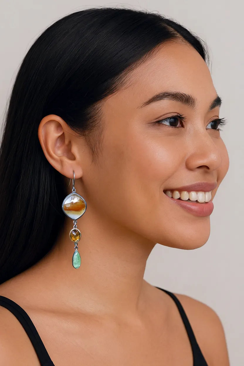 Montana agate, kyanite, citrine and green sapphire earrings