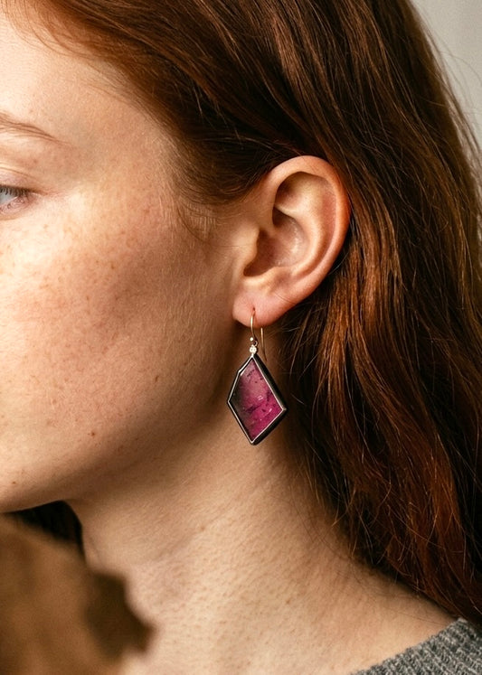 Magenta tourmaline and diamond earrings