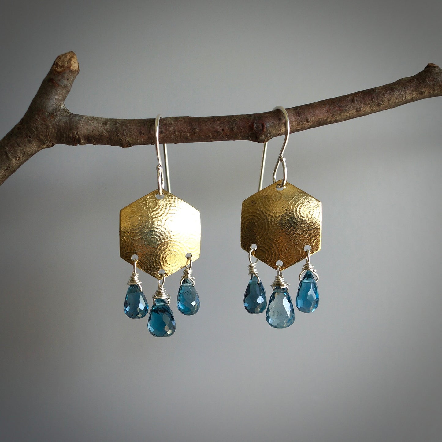 18K gold bi-metal and London blue topaz earrings