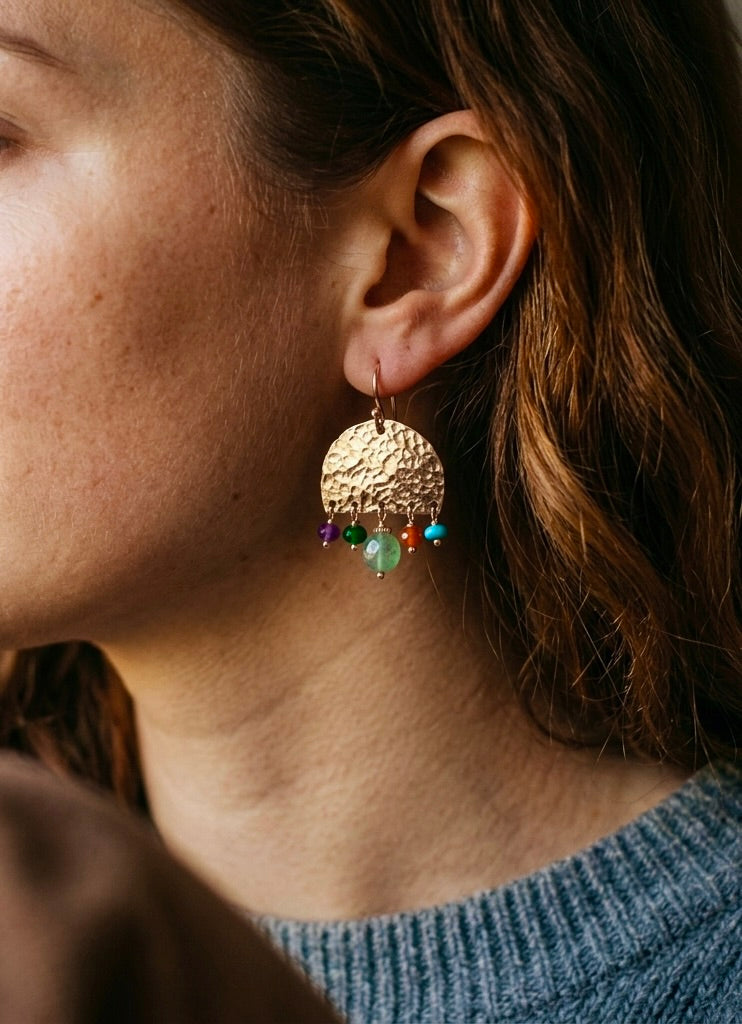 Multi-gemstone hammered gold earrings