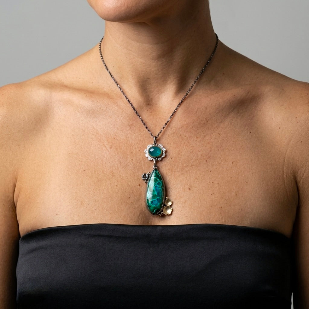 Grandidierite and malachite-chrysocolla flowering pendant