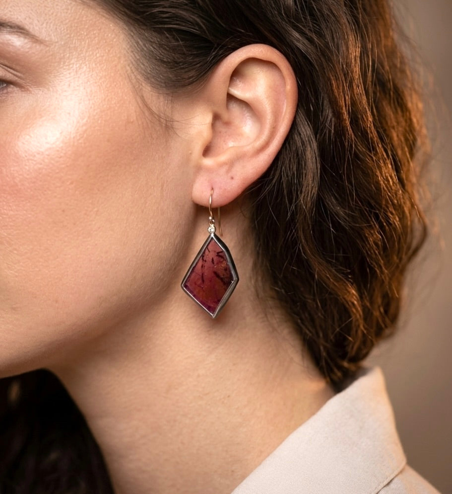 Magenta tourmaline and diamond earrings