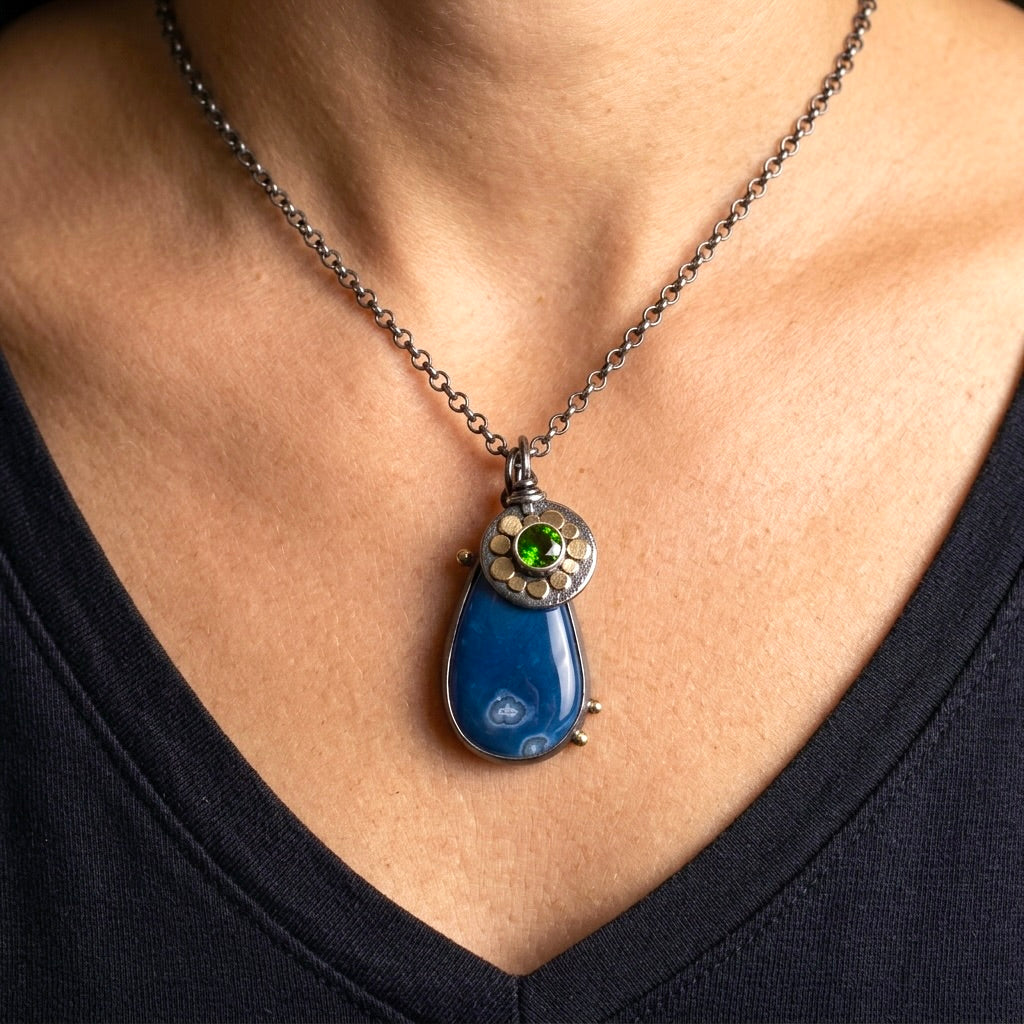 Blue opal and chrome diopside charm necklace