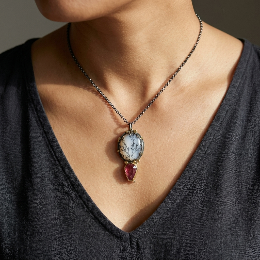 Dendritic agate and orange sapphire pendant