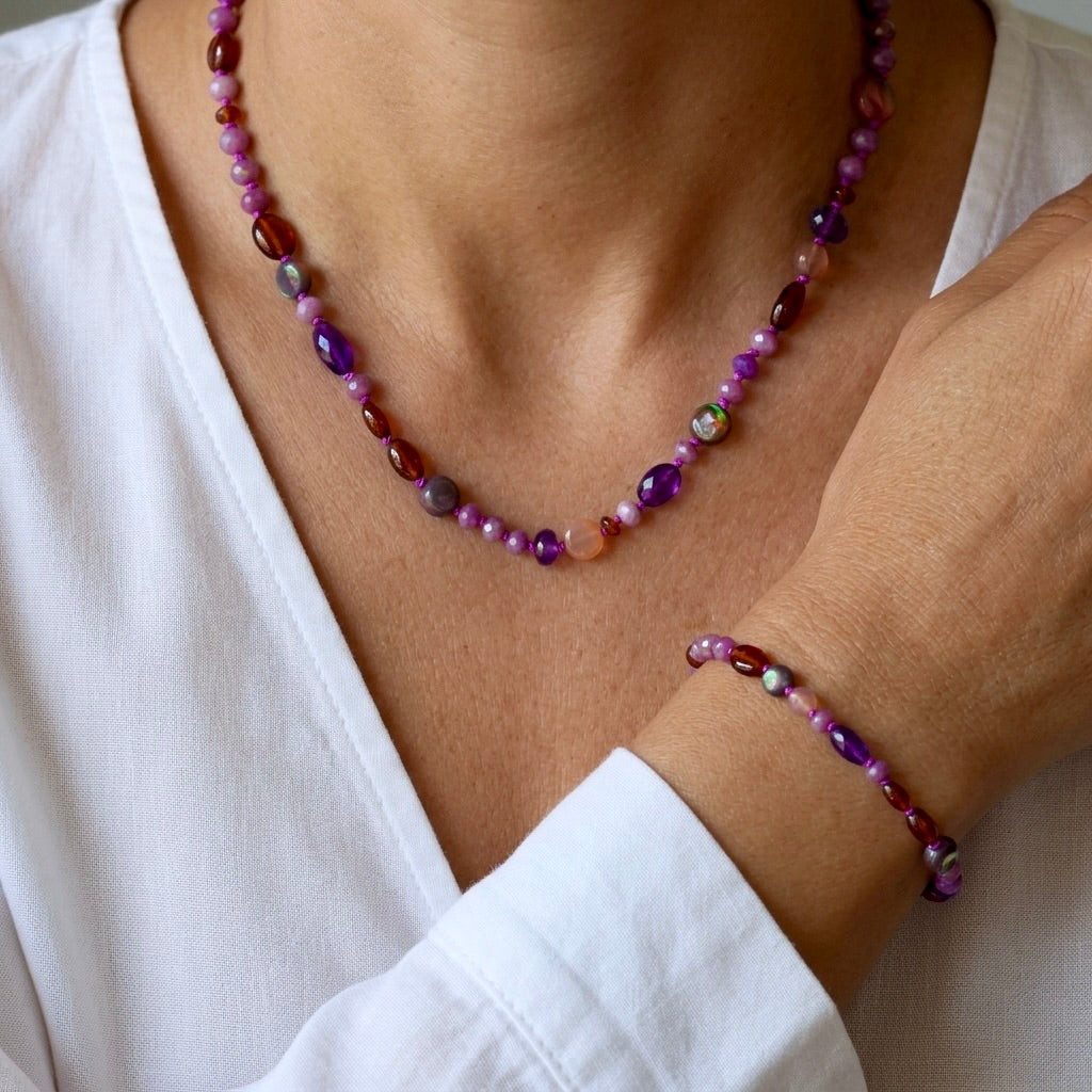 Purple mix gemstone and opal necklace