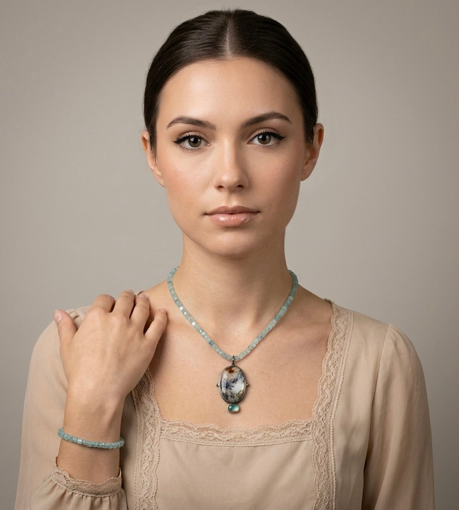 Dendritic agate, blue tourmaline pendant with kyanite cube necklace