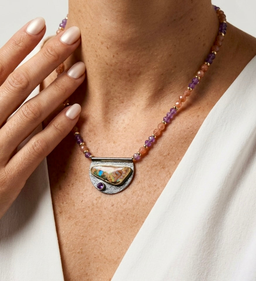 Australian boulder opal, amethyst and sunstone necklace