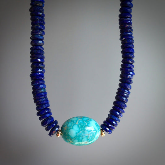 Lapis necklace with White Water turquoise and solid 14K gold hook clasp