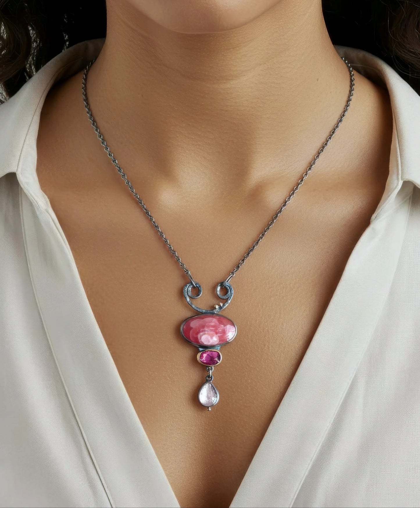 Gemmy rhodochrosite, pink tourmaline and morganite necklace